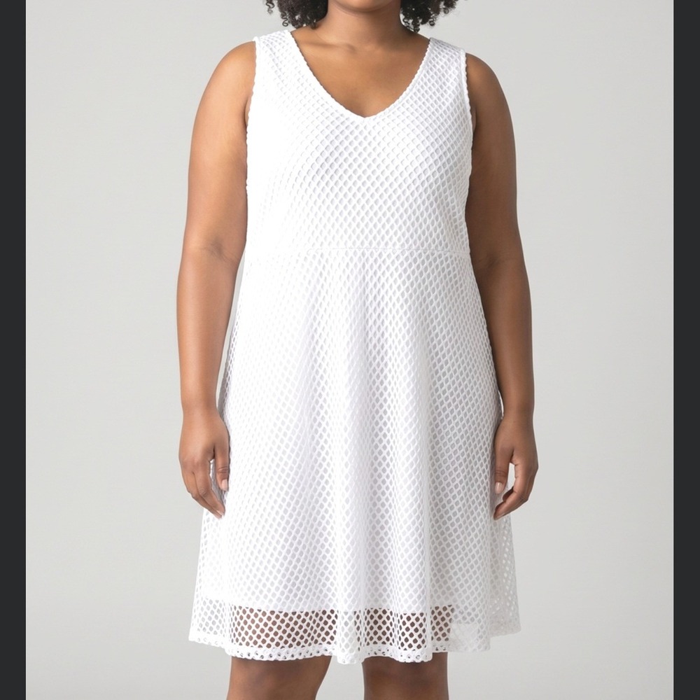 Slinky Brand Womens White Textured Mesh V-Neck Sleeveless A-Line Midi Dress L - Picture 2 of 8